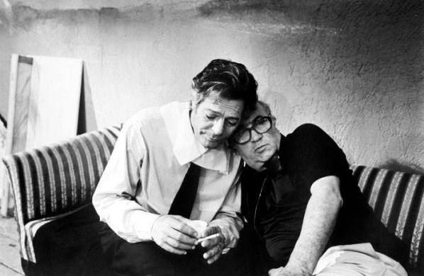 Marcello Mastroianni and director Federico Fellini on the set of La città delle donne, 1980