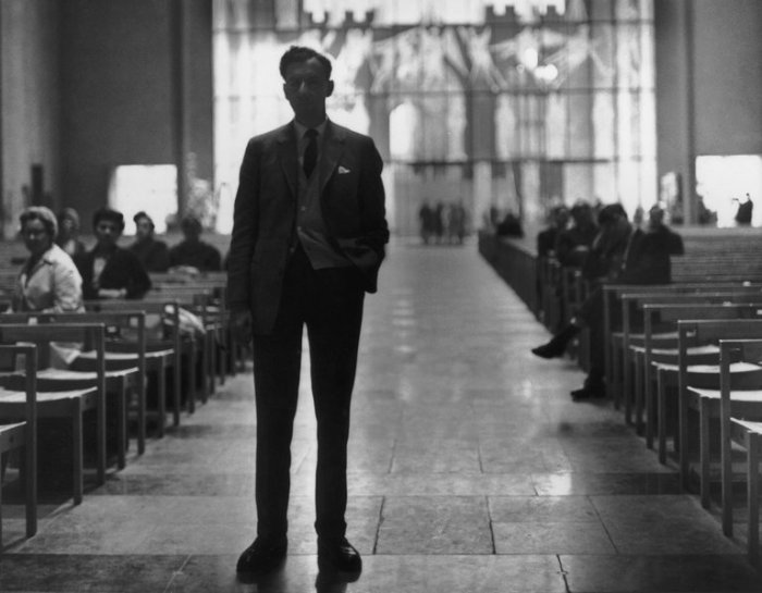 British composer Benjamin Britten (1913 - 1976) in Coventry Cathedral during rehearsals.jpg